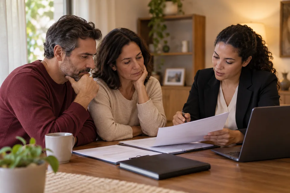 Homem e mulher conversando com uma consultora sobre documentos. Ilustração sobre seguro funeral individual.