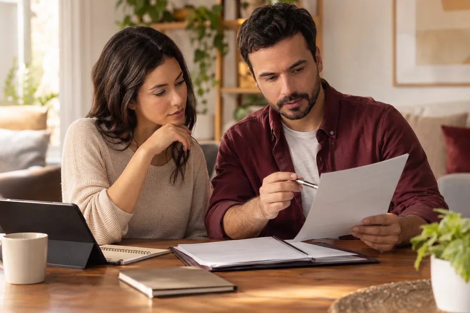 Casal lendo um documento ao lado do notebook. Ilustração sobre plano de saúde com coparticipação.