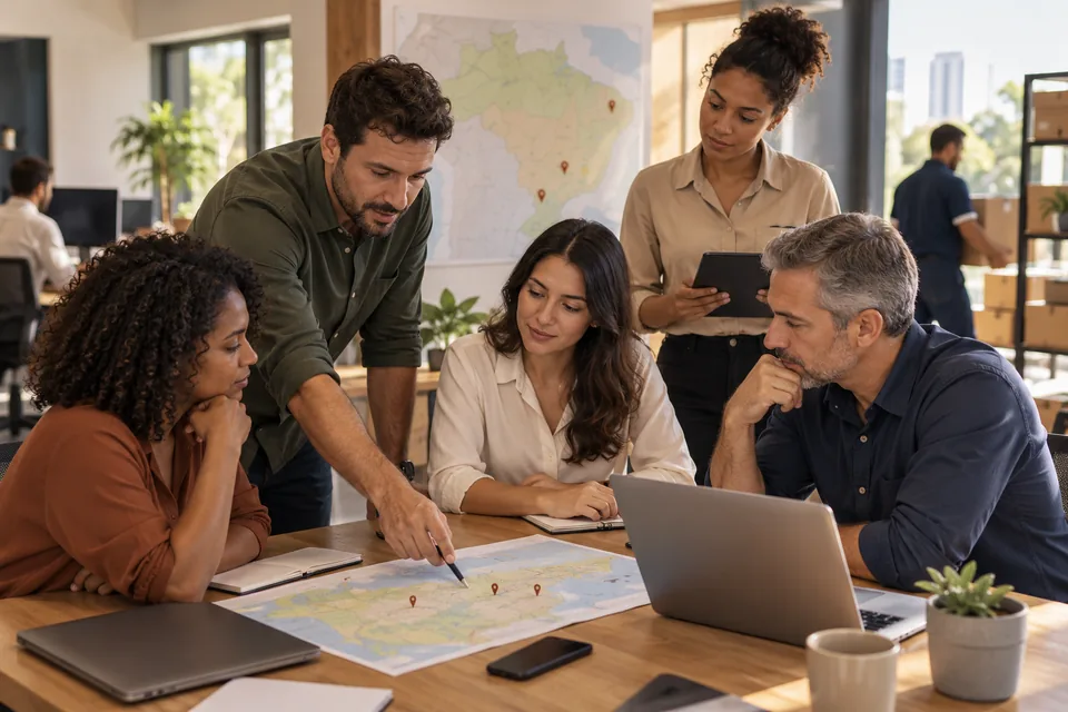 Equipe reunida para conferir documentos e informações em um notebook. Ilustração sobre plano de saúde para pequenas e médias empresas.