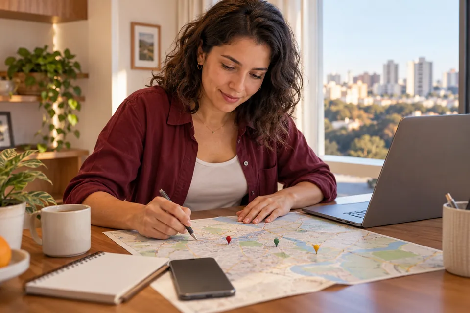 Mulher examinando um mapa impresso junto ao notebook. Ilustração sobre plano de saúde regional.