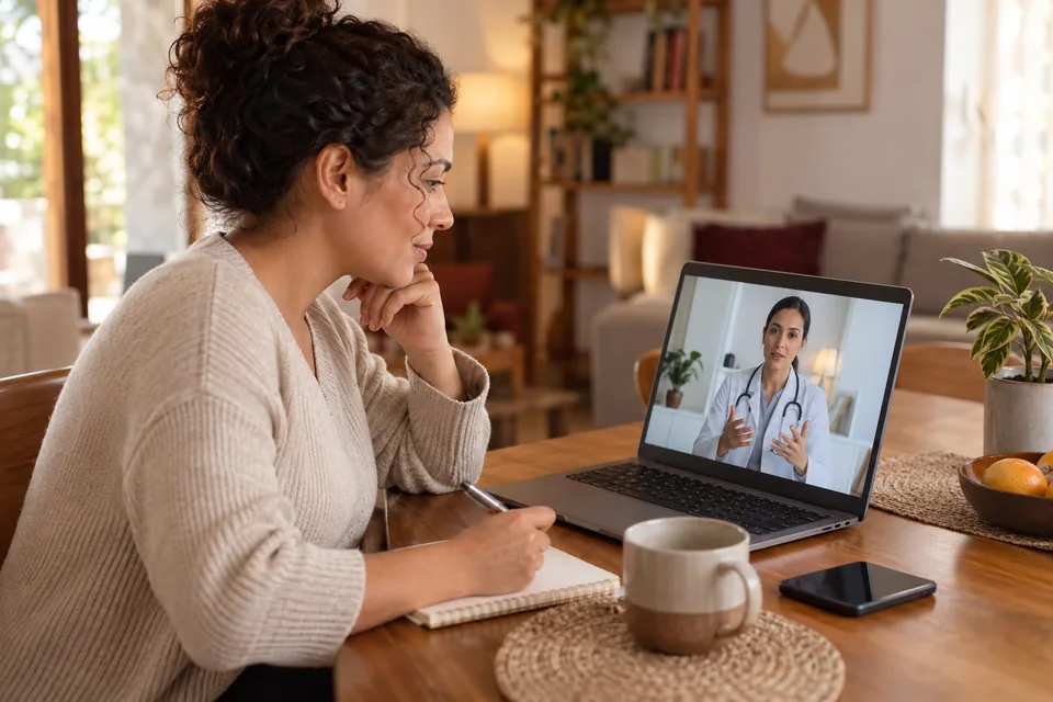 Mulher em uma consulta por vídeo no notebook em casa. Ilustração sobre plano de telemedicina.