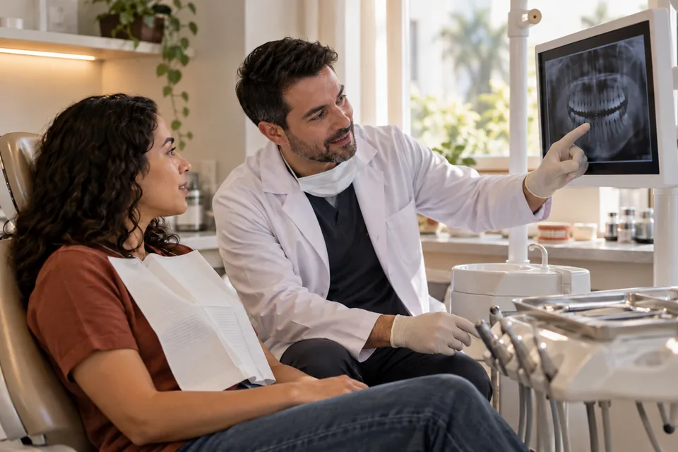 Dentista mostrando uma imagem radiográfica à paciente. Ilustração sobre plano odontológico individual.