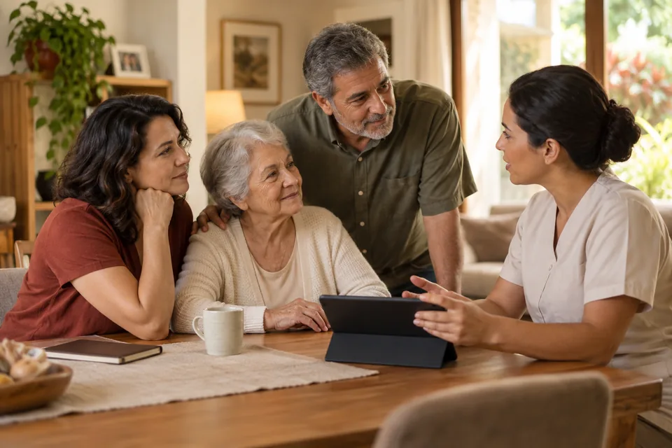 Mulher idosa e familiares conversando com uma cuidadora à mesa. Ilustração sobre seguro de cuidador para idosos.