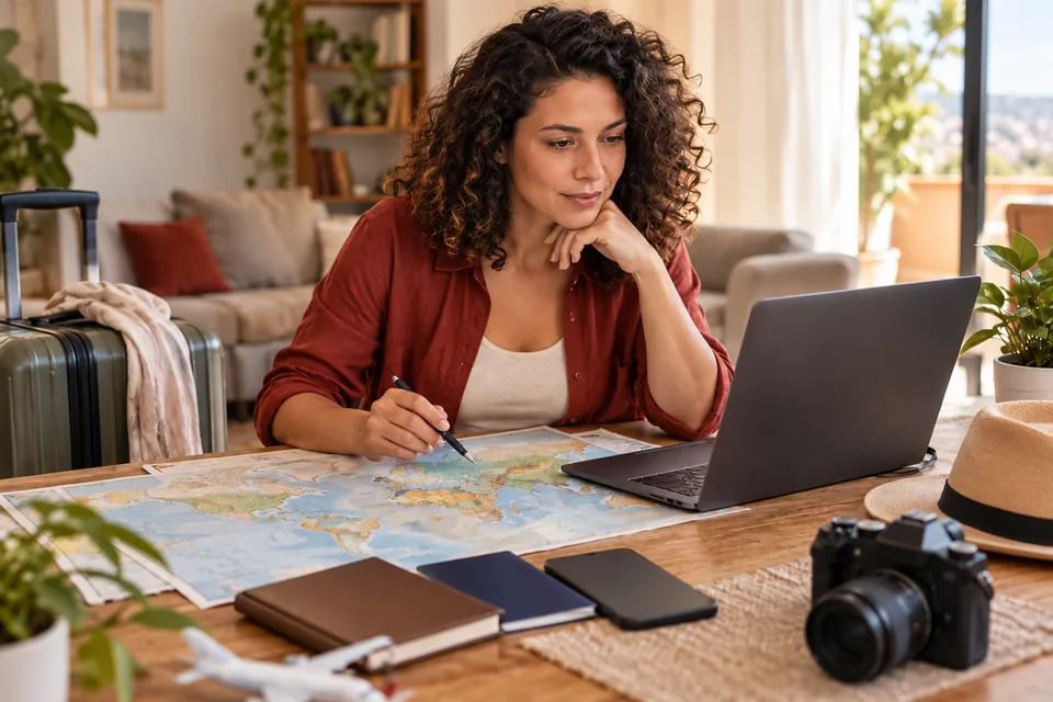 Mulher planejando uma viagem com mapa, notebook, câmera e mala. Ilustração sobre seguro saúde internacional.