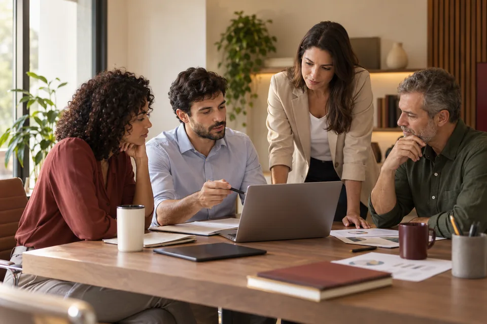 Equipe conferindo documentos e informações em um notebook. Ilustração sobre previdência privada empresarial.