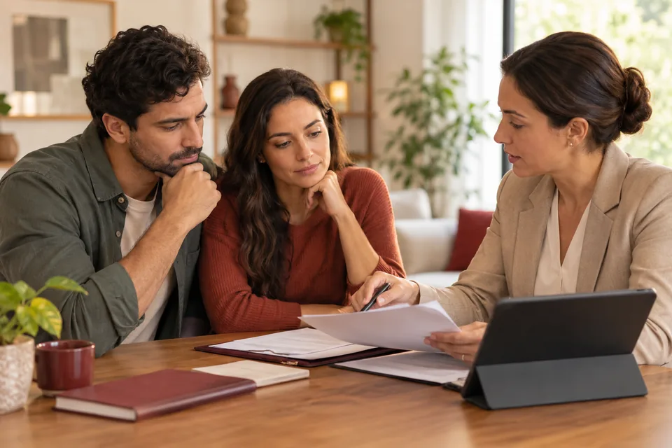 Casal conferindo documentos com uma consultora junto ao notebook. Ilustração sobre título de capitalização.