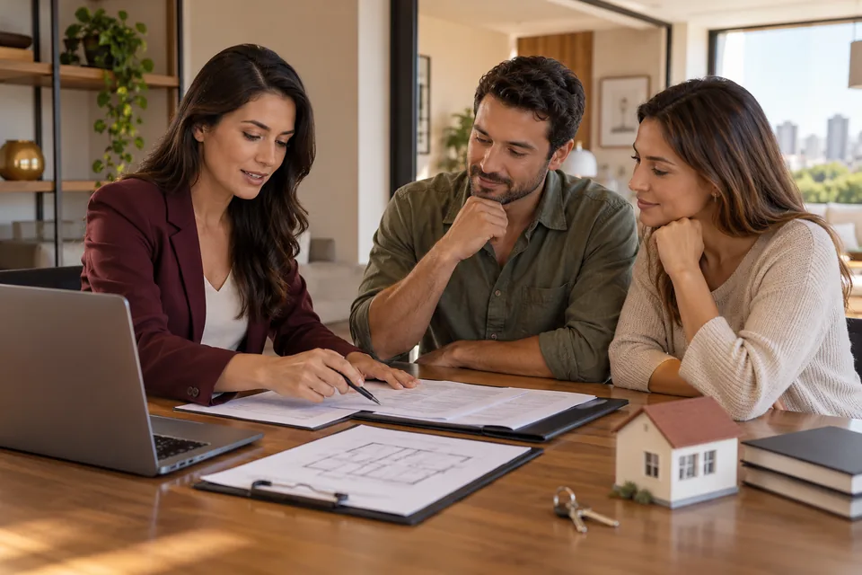 Corretora de imóveis e casal conferindo documentos com maquete de casa sobre a mesa. Ilustração sobre seguro de responsabilidade civil para corretores de imóveis.