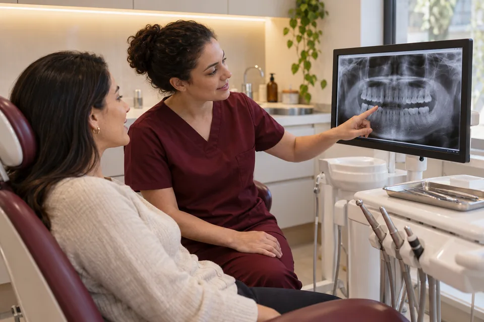 Dentista explicando uma imagem radiográfica à paciente. Ilustração sobre seguro de responsabilidade civil para dentistas.