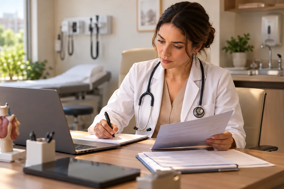 Médica conferindo documentos à mesa do consultório. Ilustração sobre seguro de responsabilidade civil para médicos.