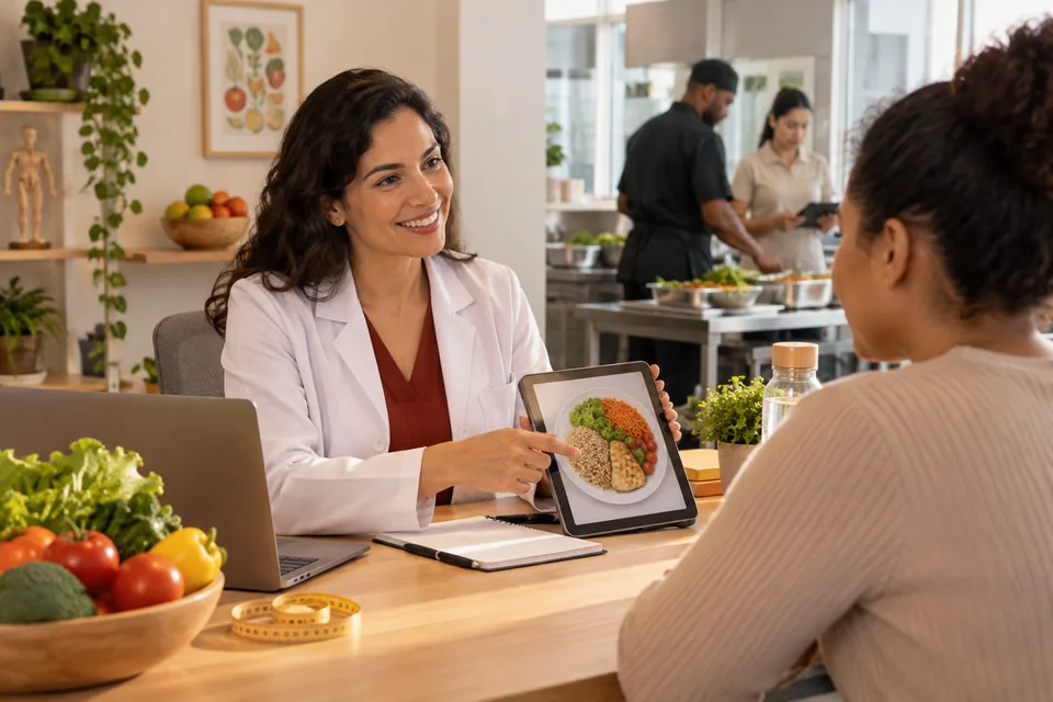 Nutricionista orientando uma paciente com imagens de alimentos e frutas sobre a mesa. Ilustração sobre seguro de responsabilidade civil para nutricionistas.