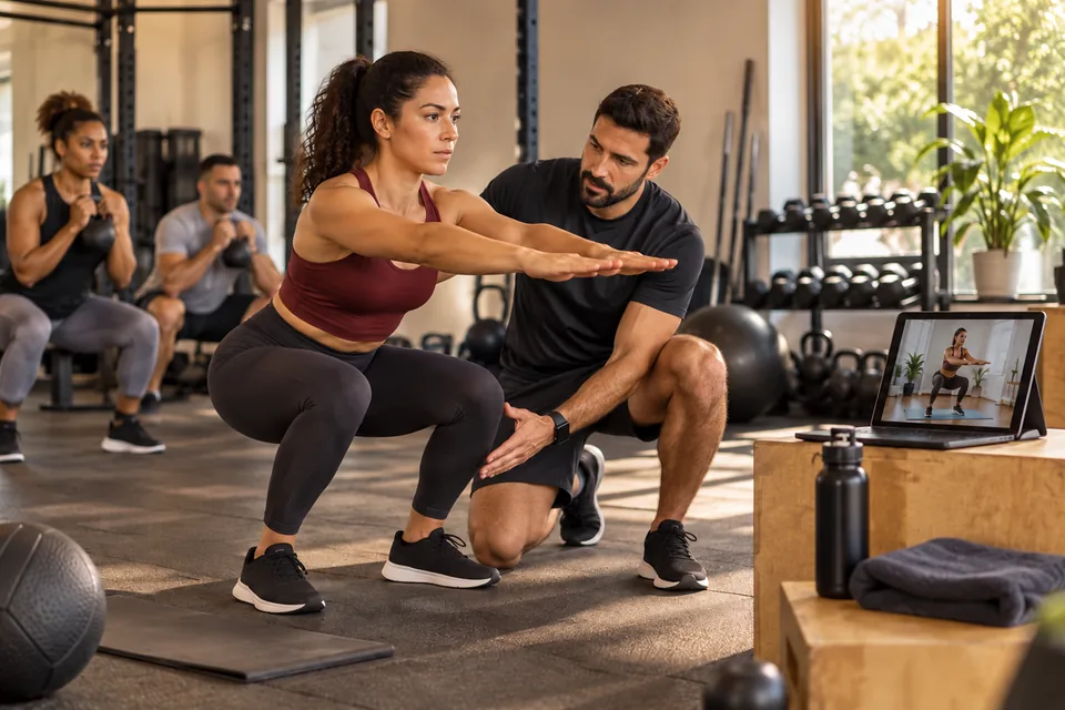 Personal trainer orientando o agachamento de uma aluna na academia. Ilustração sobre seguro de responsabilidade civil para personal trainers.