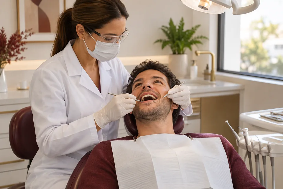 Dentista examinando a boca de um paciente na cadeira odontológica. Ilustração sobre plano odontológico Amil.