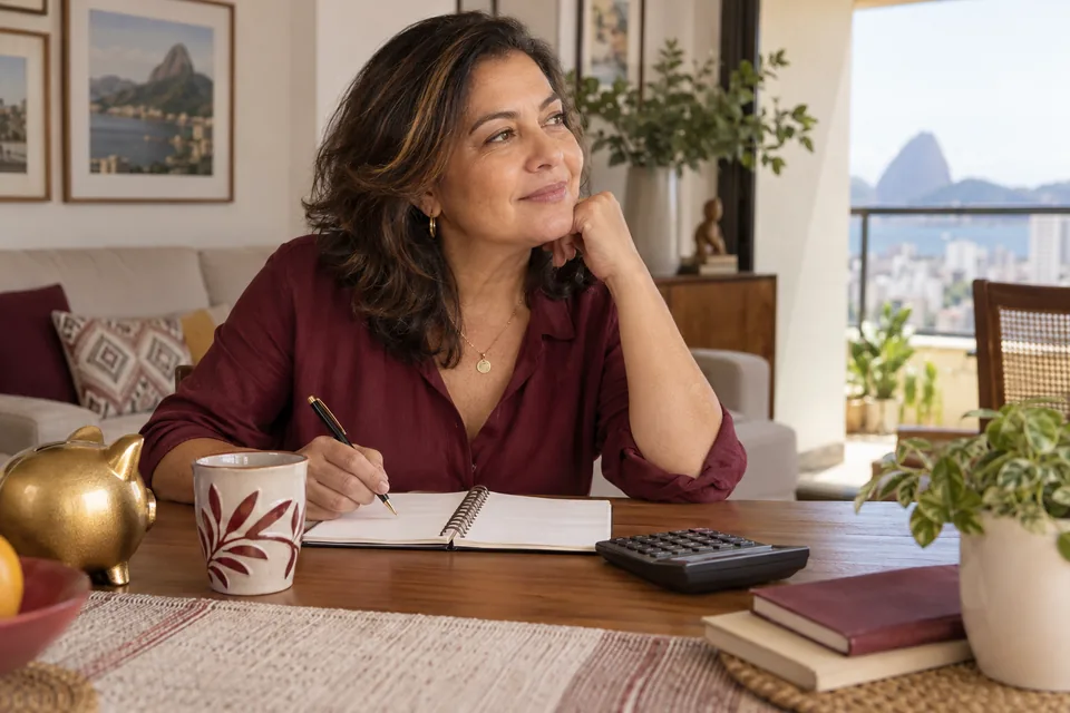 Mulher com caderno aberto e calculadora sobre a mesa. Ilustração sobre previdência privada Brasilprev.