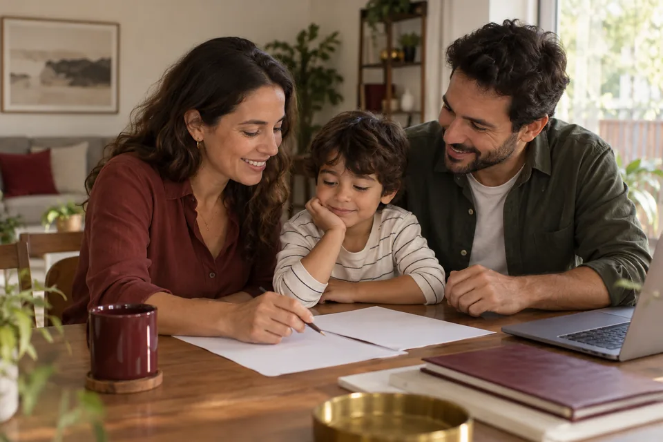 Pais e filho desenhando juntos à mesa de casa. Ilustração sobre seguro de vida Caixa Seguradora.