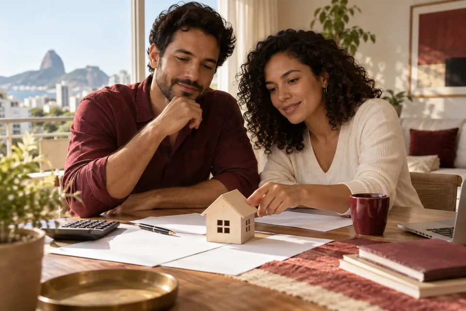 Casal examinando uma maquete de casa à mesa. Ilustração sobre consórcio Canopus consórcio.