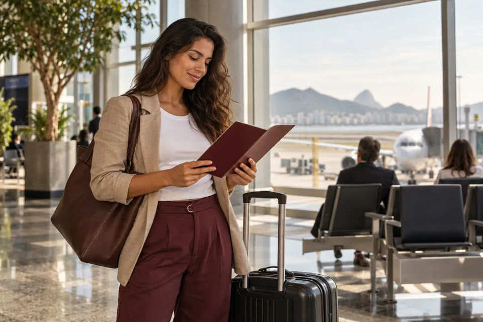 Viajante lendo documentos em um aeroporto, com mala ao lado. Ilustração sobre seguro viagem GTA Seguros.