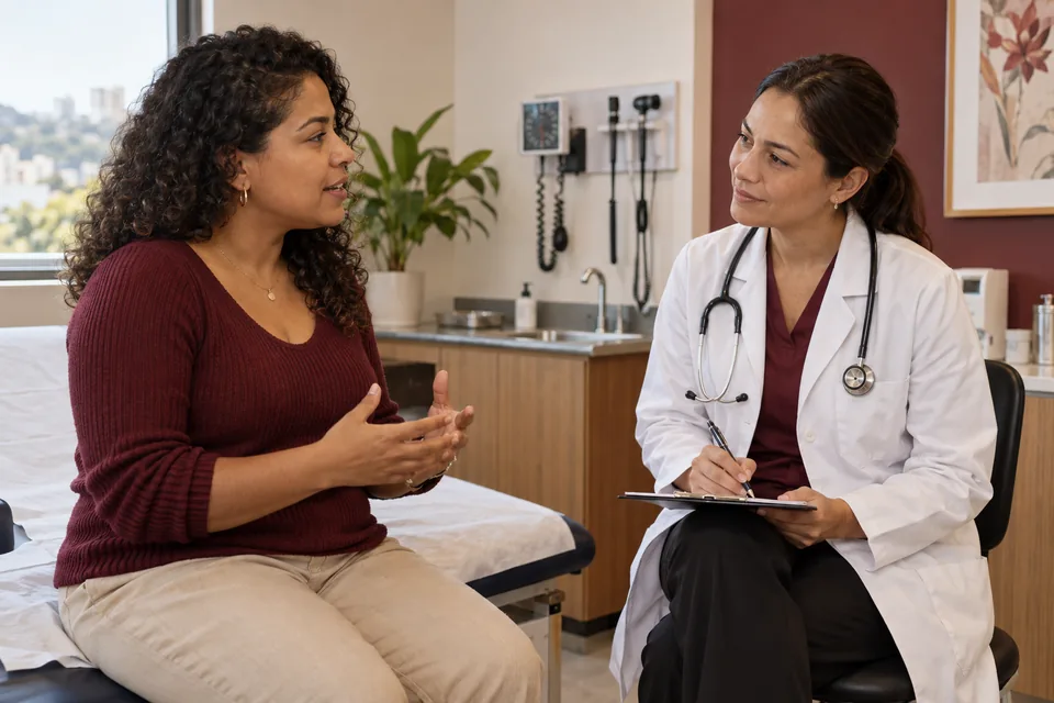 Médica conversando com uma paciente e registrando informações. Ilustração sobre plano de saúde Hapvida NotreDame Intermédica.