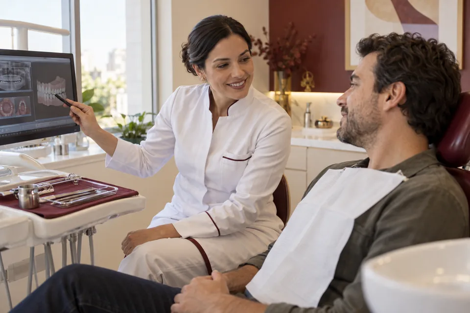 Dentista mostrando uma radiografia a um paciente. Ilustração sobre plano odontológico Interodonto.