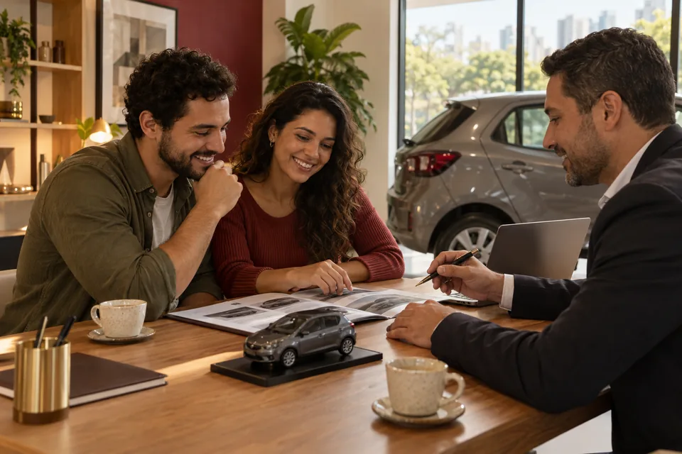 Casal conversando com um consultor diante de documentos e miniatura de carro. Ilustração sobre consórcio Itaú Seguros.
