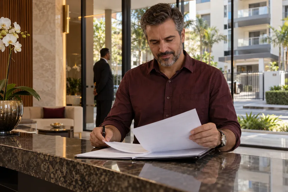 Homem lendo e organizando documentos à mesa. Ilustração sobre seguro de condomínio Sompo Seguros.