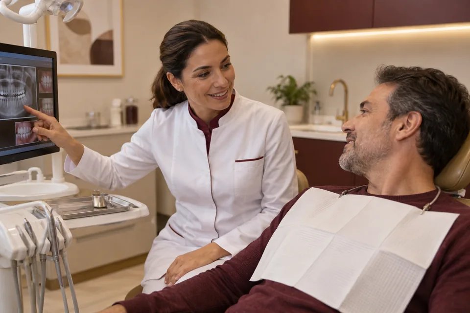 Dentista mostrando uma radiografia a um paciente. Ilustração sobre plano odontológico Uniodonto.