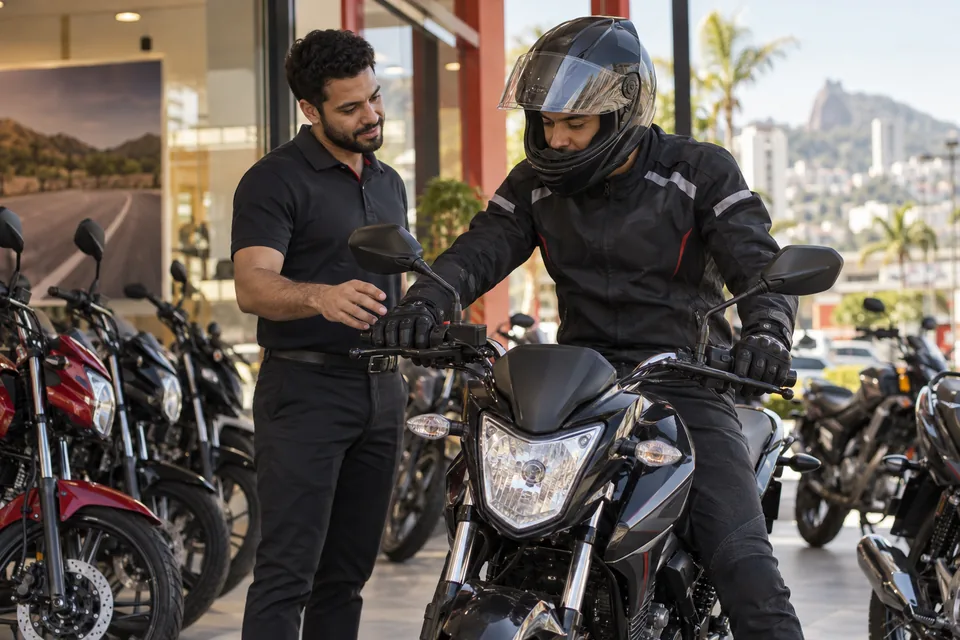 Motociclista com capacete conversando com vendedor em uma loja de motos. Ilustração sobre seguro de moto Yelum Seguros.