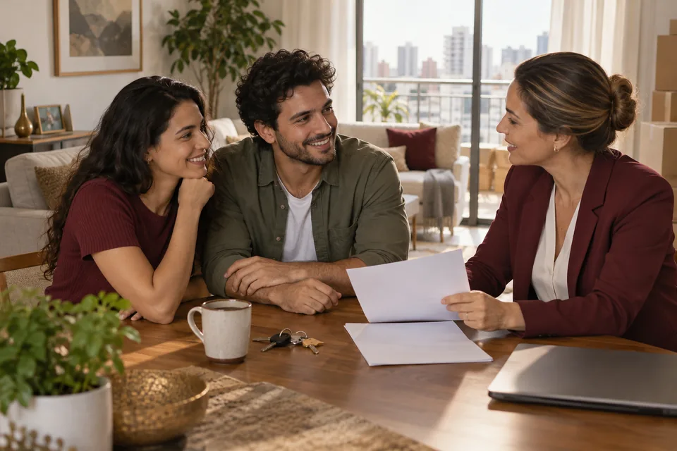 Casal conversando com uma consultora à mesa de casa. Ilustração sobre seguro residencial Yelum Seguros.