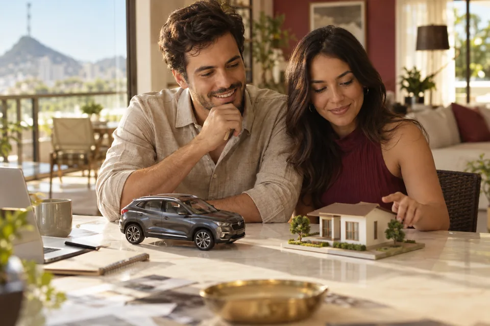 Casal examinando miniatura de carro e maquete de casa à mesa. Ilustração sobre seguro auto Zurich Seguros.