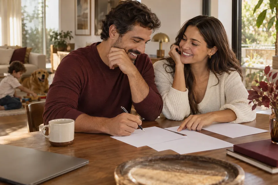 Casal conversando diante de documentos sobre a mesa. Ilustração sobre seguro de vida Zurich Seguros.