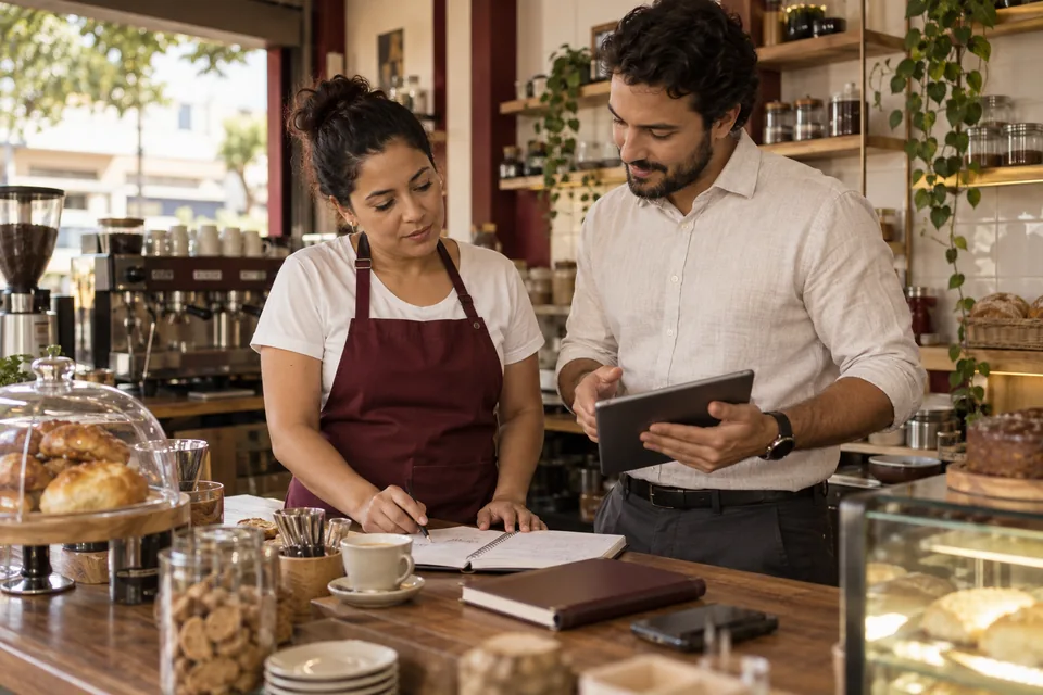 Comerciante e consultor analisando informações no tablet. Ilustração sobre seguro empresarial Zurich Seguros.
