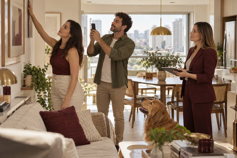 Casal e consultora observando o teto da sala. Ilustração sobre seguro residencial Zurich Seguros.