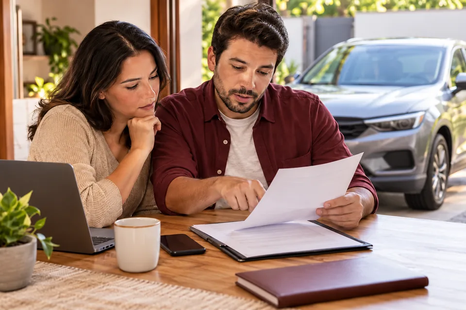 Casal lendo documentos junto ao notebook, com carro ao fundo. Ilustração sobre seguro auto sem franquia.