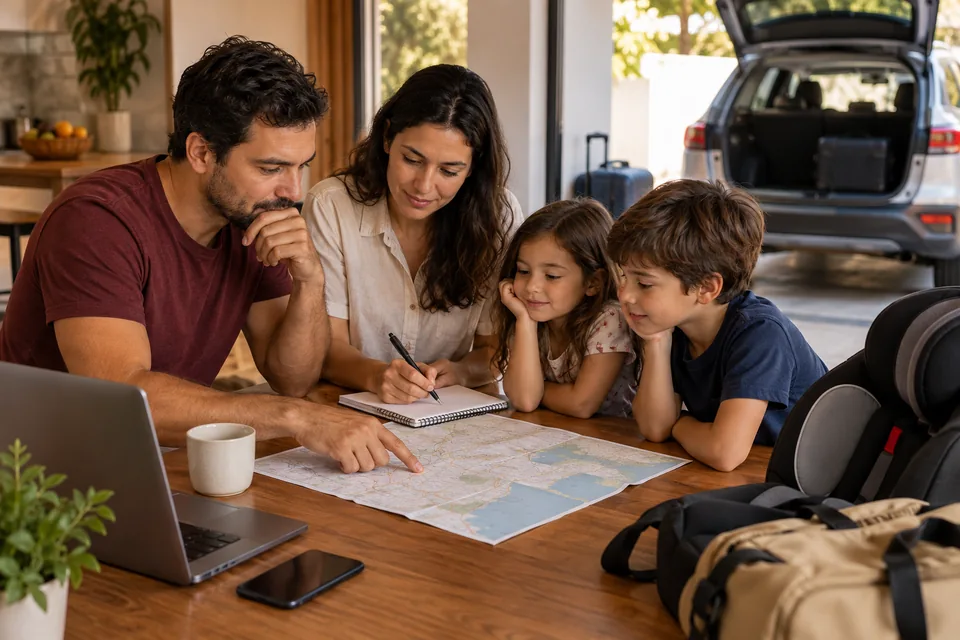 Família examinando um mapa na mesa, com carro ao fundo. Ilustração sobre seguro de carro reserva.