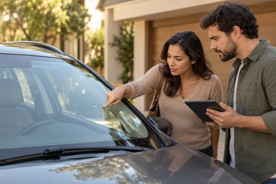 Casal observando uma marca no para-brisa de um carro. Ilustração sobre seguro de vidros automotivos.