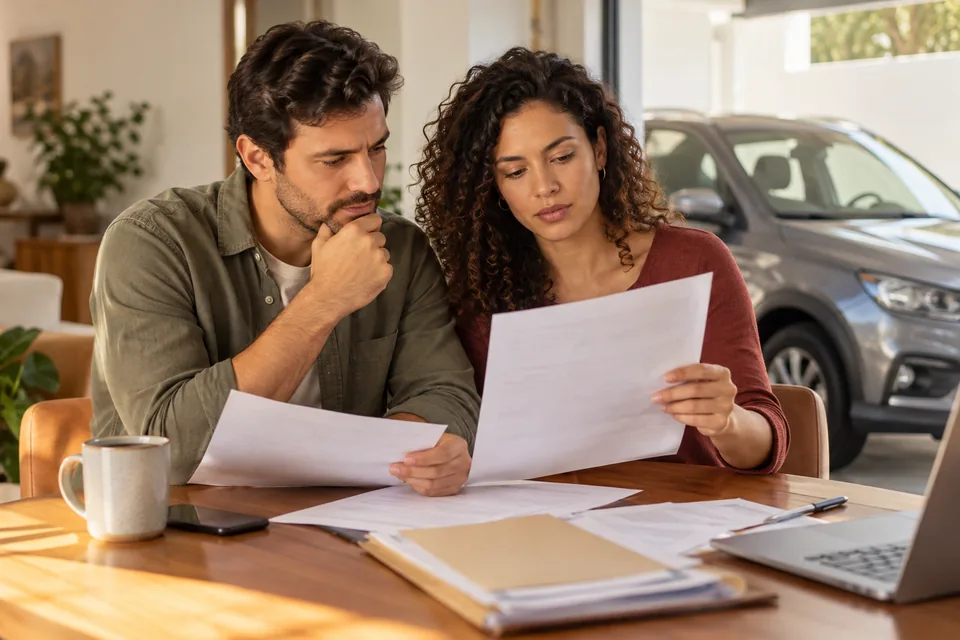 Casal examinando documentos à mesa, com carro ao fundo. Ilustração sobre seguro para carro financiado.