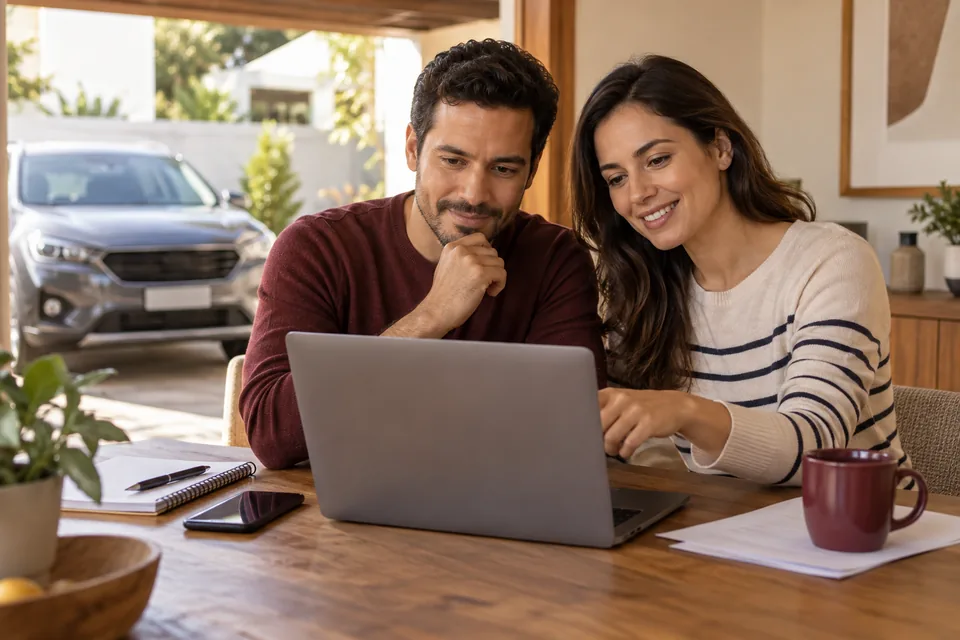 Casal conferindo informações no notebook em casa. Ilustração sobre simulador de seguro auto.