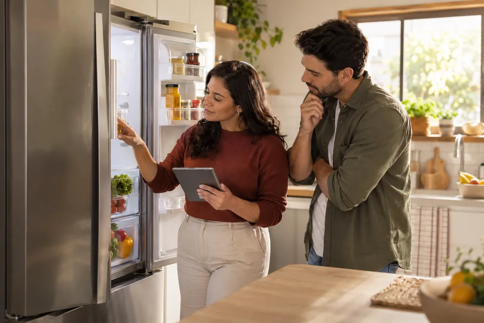 Casal observando o interior de uma geladeira. Ilustração sobre garantia estendida para eletrodomésticos.