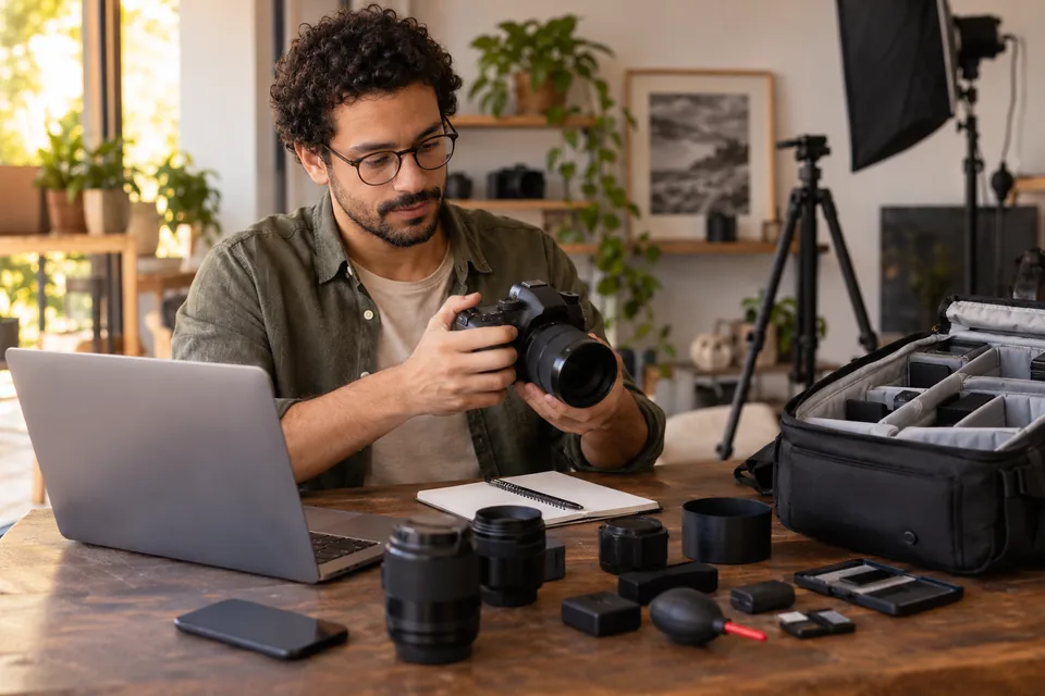 Fotógrafo examinando uma câmera junto a lentes e outros equipamentos. Ilustração sobre seguro de equipamentos fotográficos.