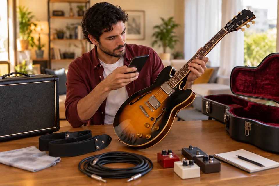 Homem examinando uma guitarra, com amplificador e cabos ao lado. Ilustração sobre seguro de instrumentos musicais.