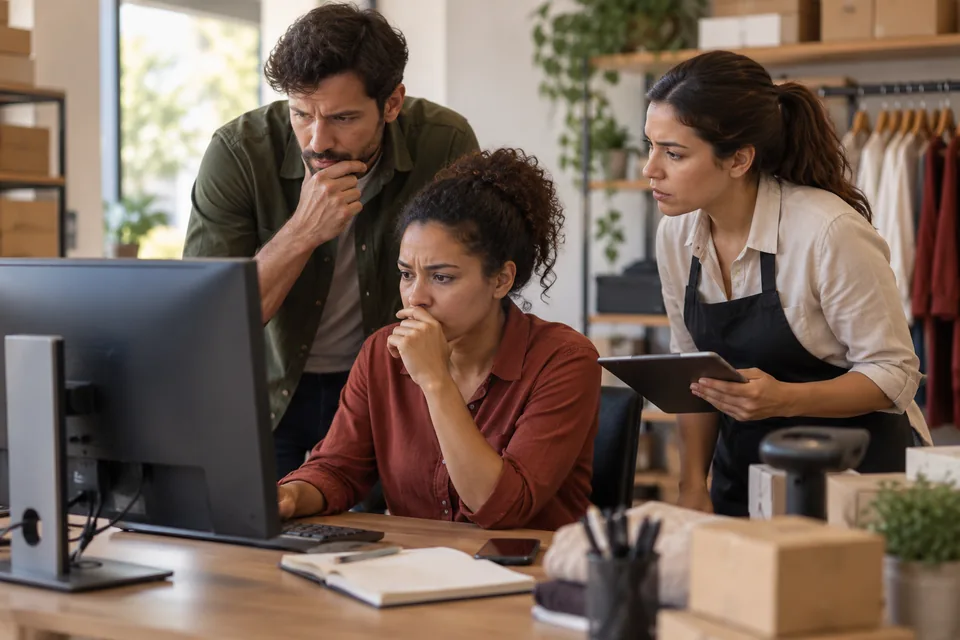 Equipe observando informações na tela do computador. Ilustração sobre riscos cibernéticos.
