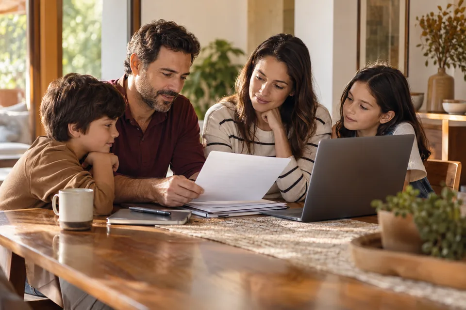 Família examinando documentos com uma consultora à mesa. Ilustração sobre seguro de vida com planejamento sucessório.