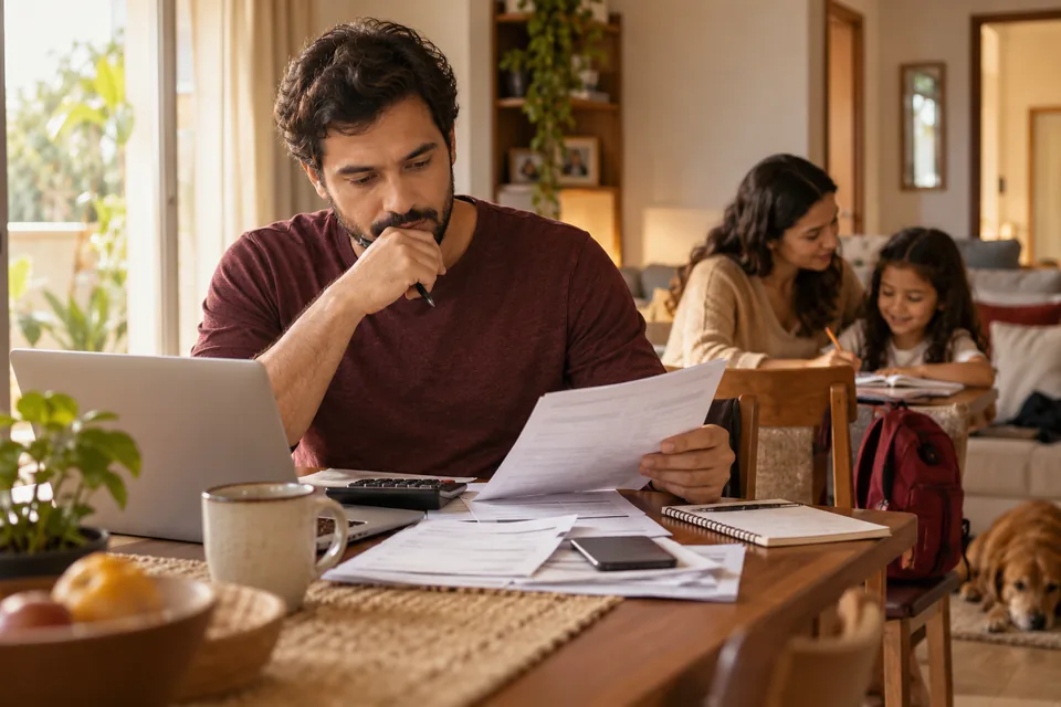 Homem lendo documentos à mesa, com familiares ao fundo. Ilustração sobre seguro de vida individual.