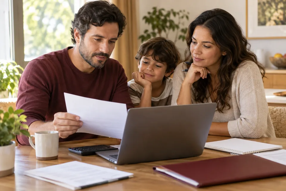 Pais e filho lendo documentos junto ao notebook. Ilustração sobre seguro de vida resgatável.