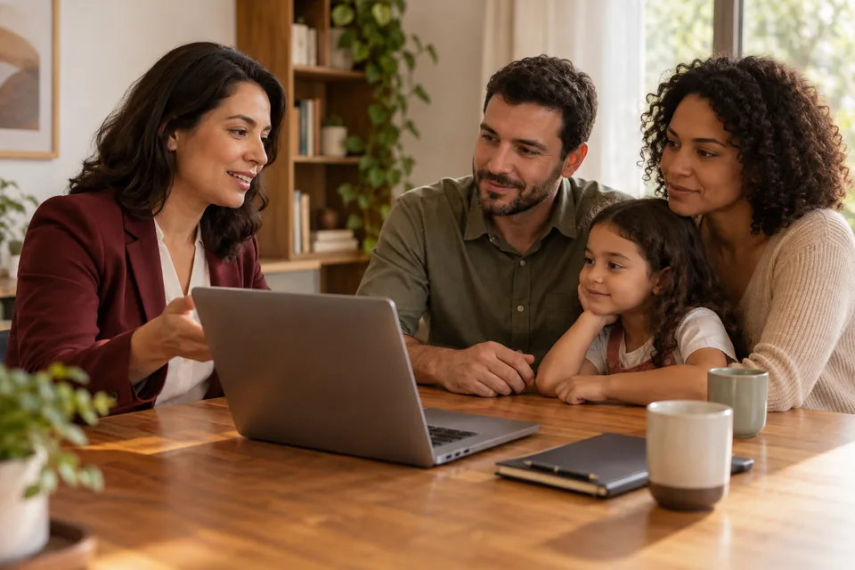 Família conversando com uma consultora diante do notebook. Ilustração sobre seguro de vida vitalício.