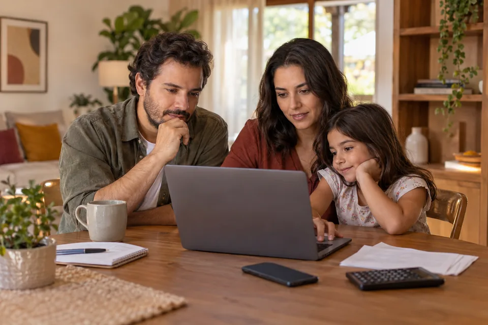 Pais e filha pesquisando informações em um notebook. Ilustração sobre simulador de seguro de vida.