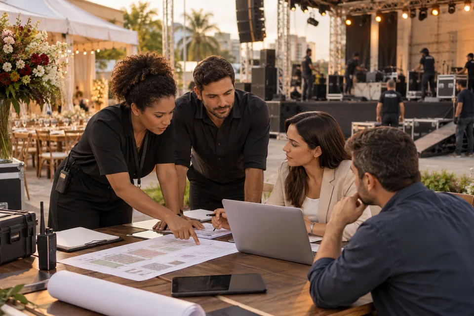 Equipe de organização de eventos reunida diante de plantas e documentos. Ilustração sobre seguro de eventos.