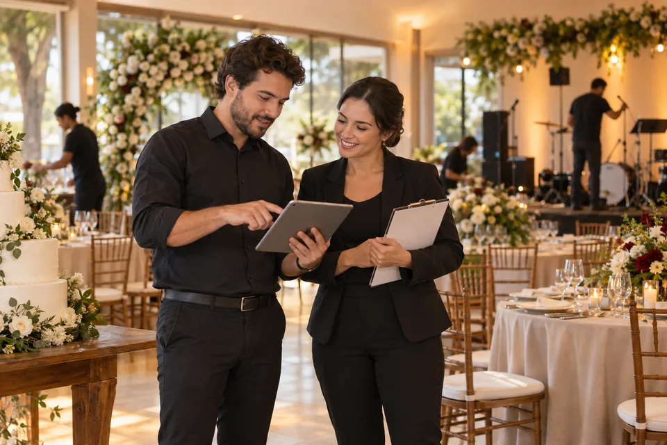 Profissionais conferindo informações no tablet durante a preparação de um casamento. Ilustração sobre seguro de festas e casamentos.
