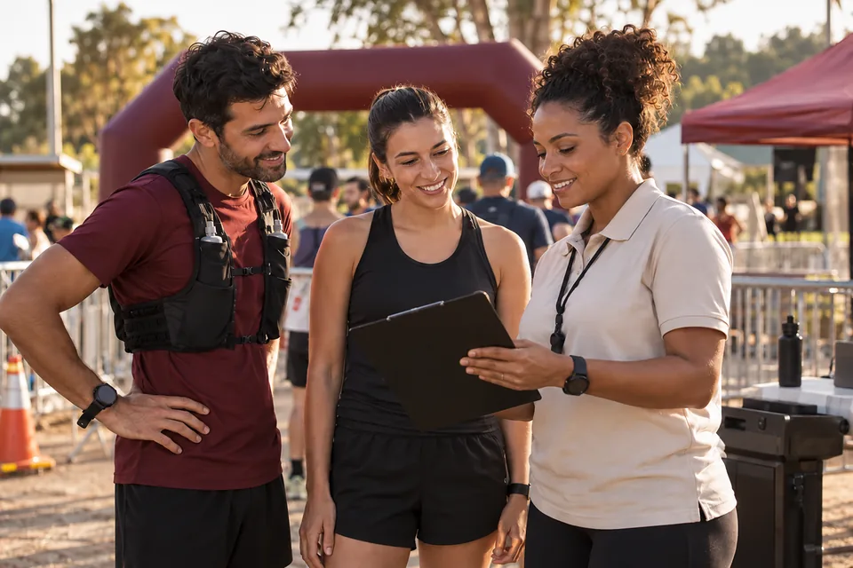 Atleta e organizadores conferindo informações em um tablet em um evento esportivo. Ilustração sobre seguro para competições esportivas.