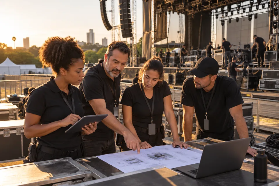 Equipe examinando plantas e informações no notebook diante de um palco. Ilustração sobre seguro para shows e espetáculos.