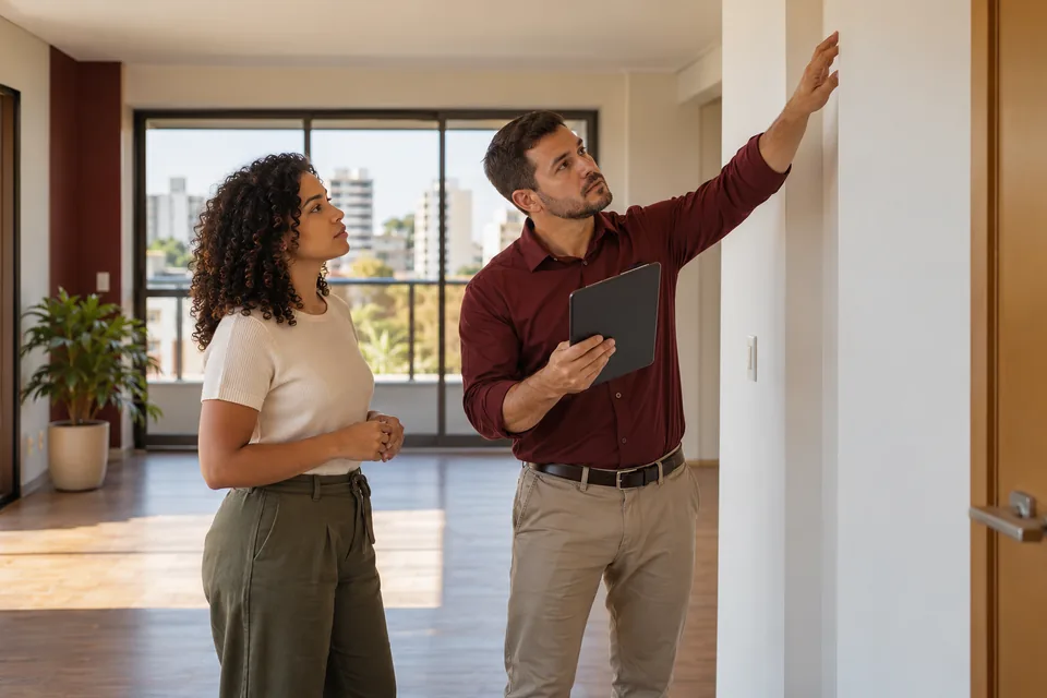 Casal observando uma parede no interior de um apartamento. Ilustração sobre seguro de danos ao imóvel locado.